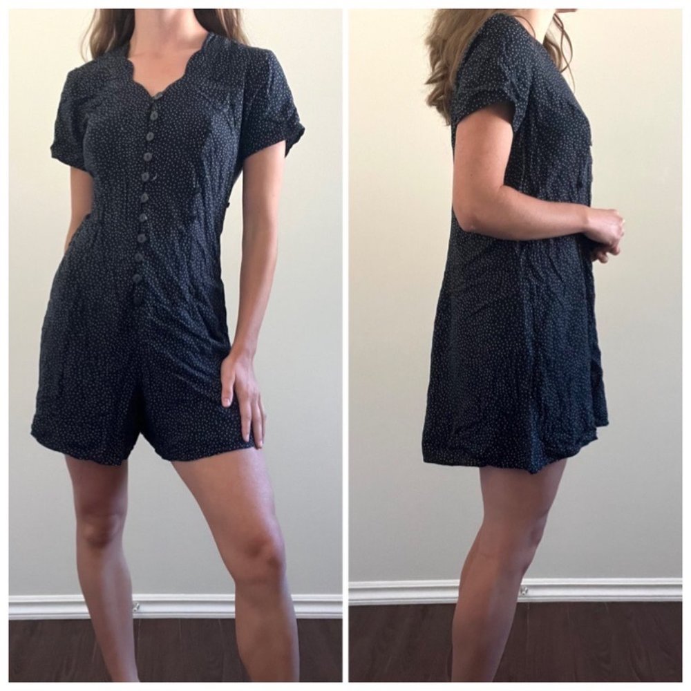 Women's Black Polka Dot Button-Front Romper Dress